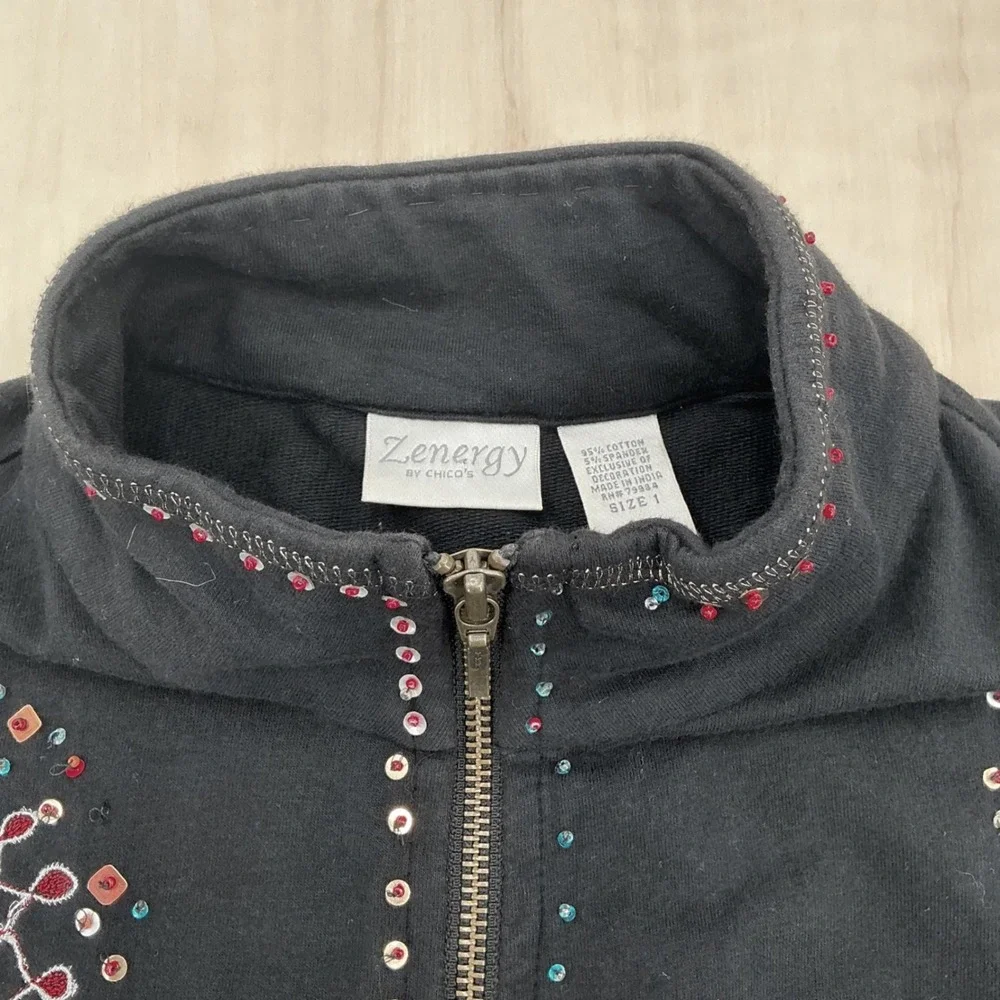 Zenergy by Chicos Jacket Womens 1/S Black Beaded Sunburst Zip Up Track Boho Art